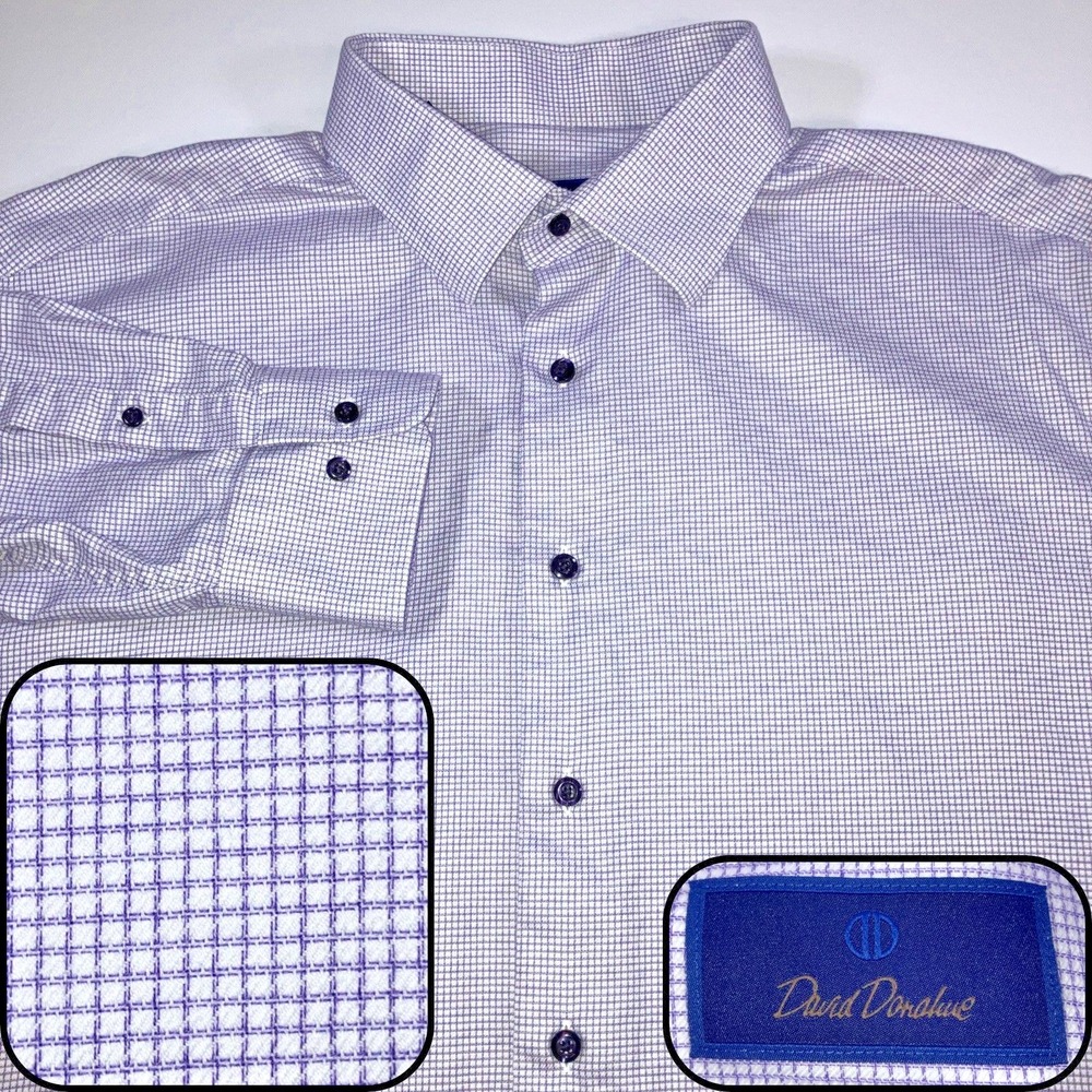 David Donahue Shirt Mens 18 34/35 Purple Micro Grid Check Cotton Button Up‎